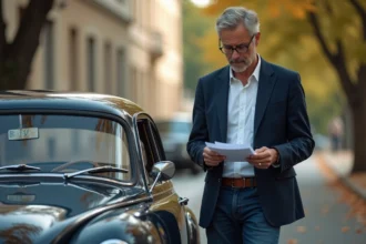 Homme d'âge moyen examine documents près d'une voiture vintage
