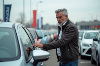 Homme d'âge moyen inspectant une voiture d'occasion