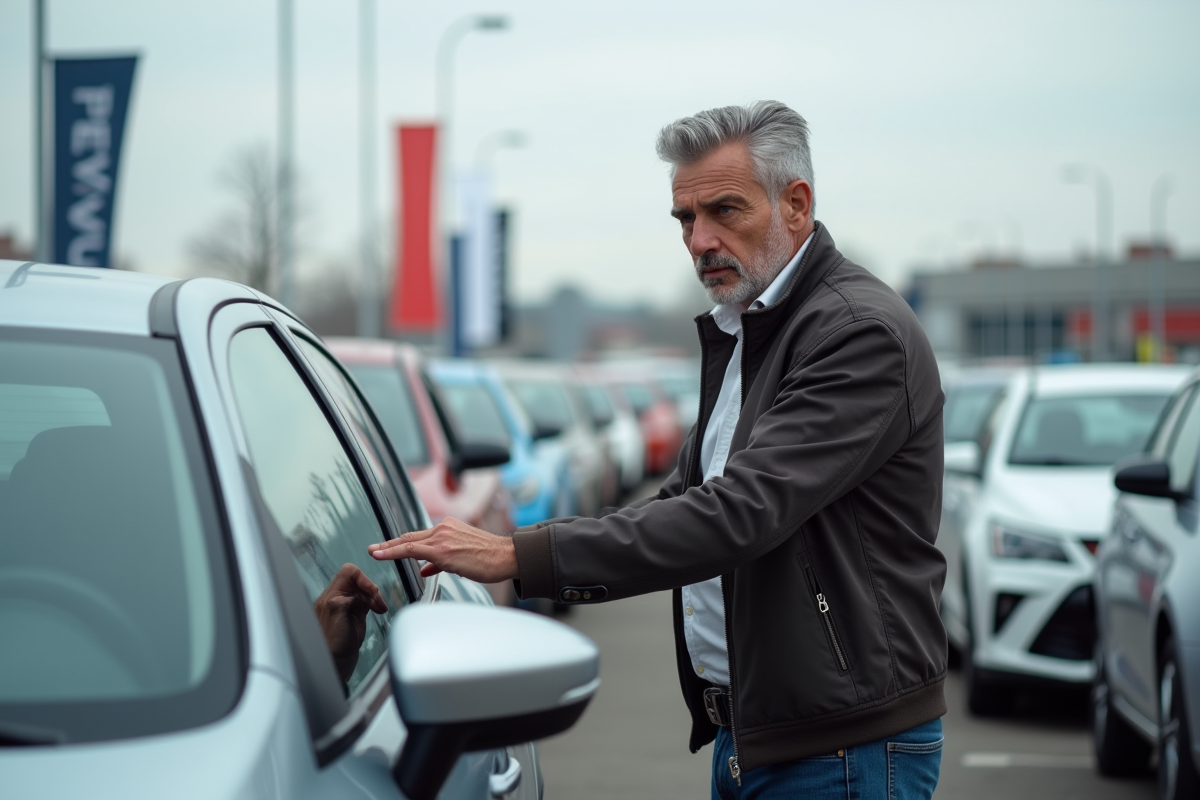 Homme d'âge moyen inspectant une voiture d'occasion