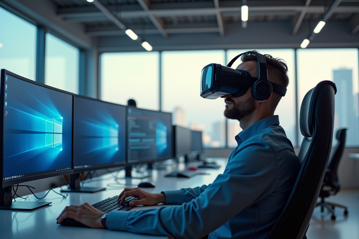 Homme avec casque VR dans un espace de travail moderne