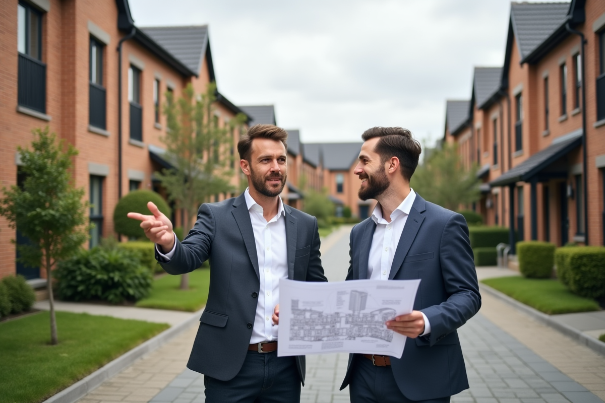Deux hommes discutant devant des bâtiments résidentiels