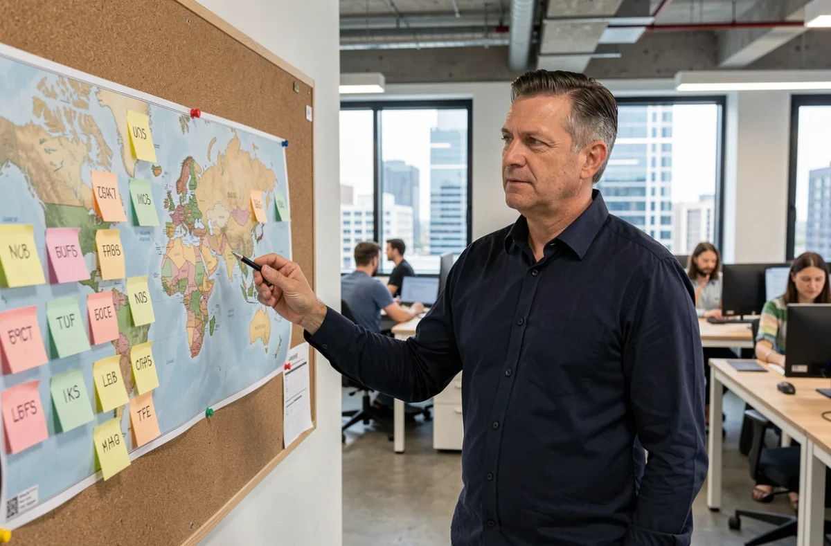 Homme pointant des indicatifs pays sur une carte du monde avec des notes adhésives dans un bureau professionnel