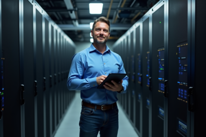 Ingénieur data homme en salle serveurs moderne