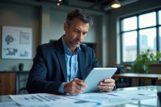 Ingénieur homme d'âge moyen avec tablette et diagrammes