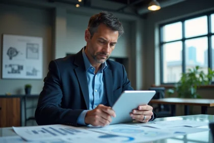 Ingénieur homme d'âge moyen avec tablette et diagrammes