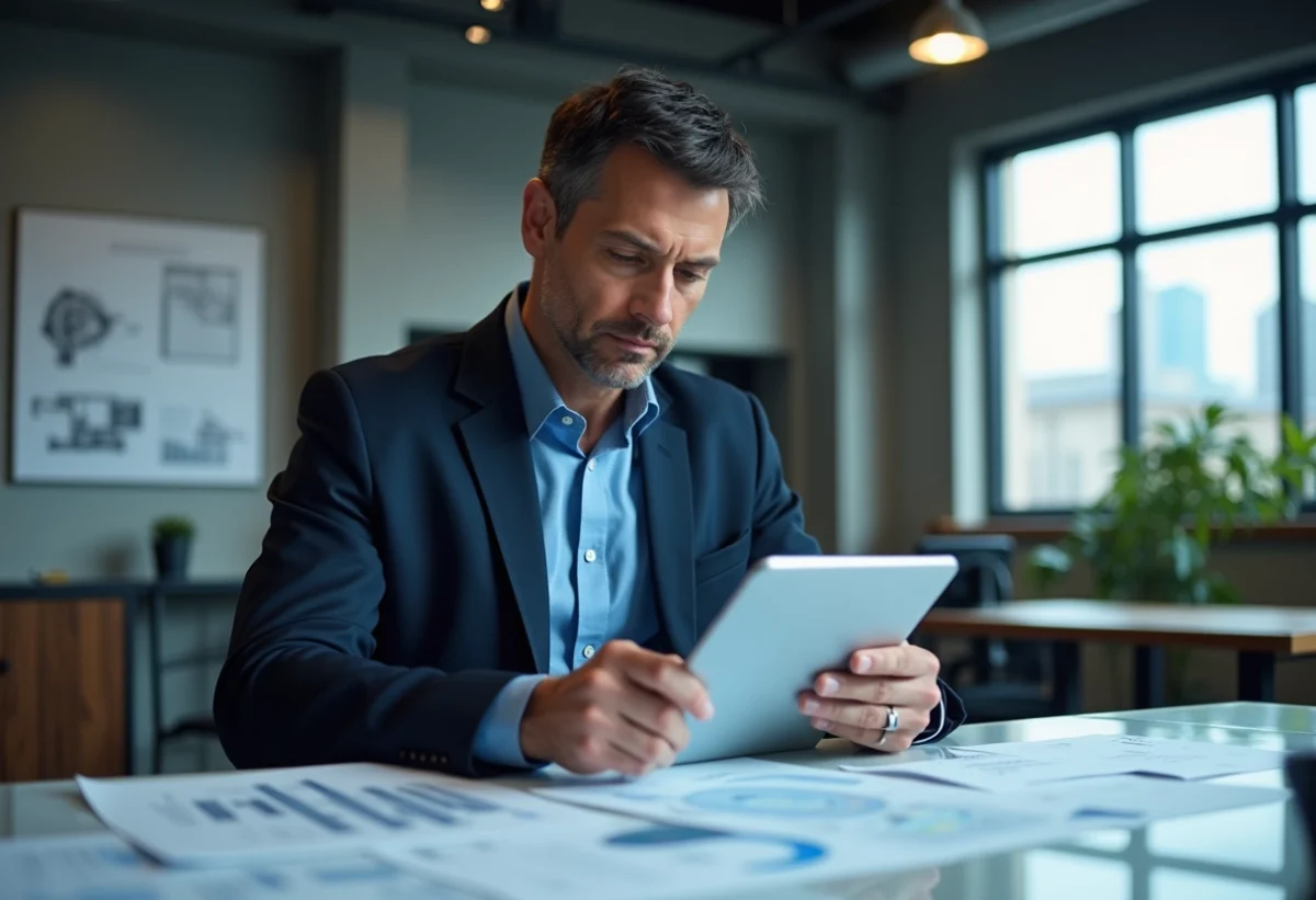 Ingénieur homme d'âge moyen avec tablette et diagrammes