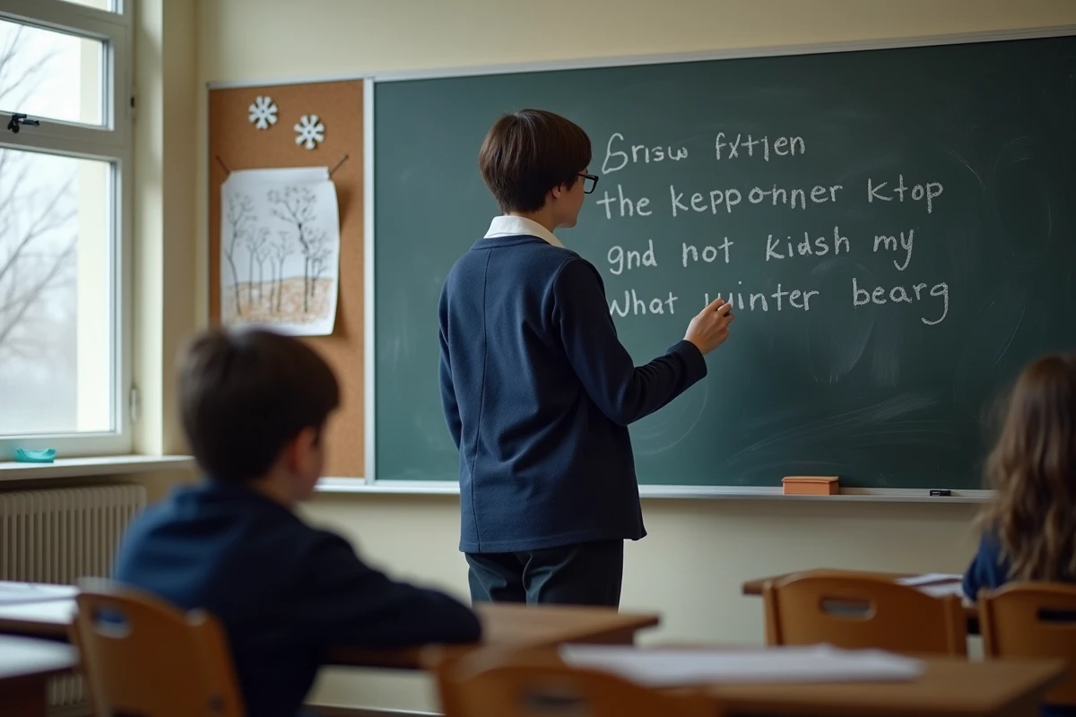Institutrice écrivant un poème sur l'hiver au tableau noir devant une classe d'école primaire
