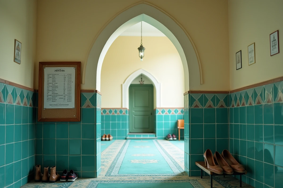 Intérieur d'une mosquée locale à Annemasse avec tableau des horaires de prière saisonniers affiché
