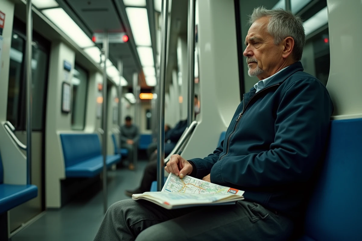 Passager consultant un plan du métro ligne 7 dans une rame parisienne en direction de La Courneuve ou Villejuif