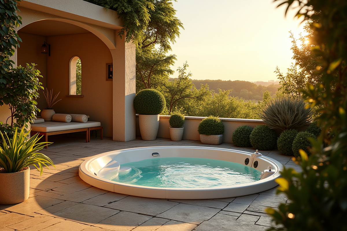 Jacuzzi extérieur sur terrasse en Normandie au coucher du soleil