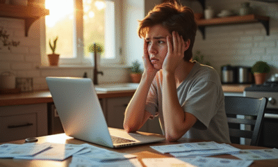 Jeune adulte inquiet à la table de cuisine avec factures de prêt étudiant