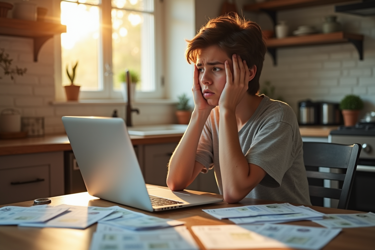 Jeune adulte inquiet à la table de cuisine avec factures de prêt étudiant