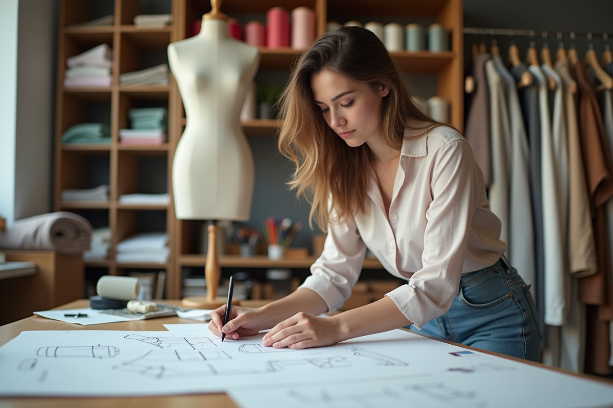 Jeune designer en studio esquissant des patrons de mode