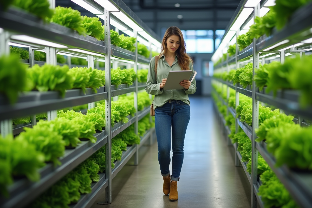 Jeune femme agricultrice dans ferme verticale