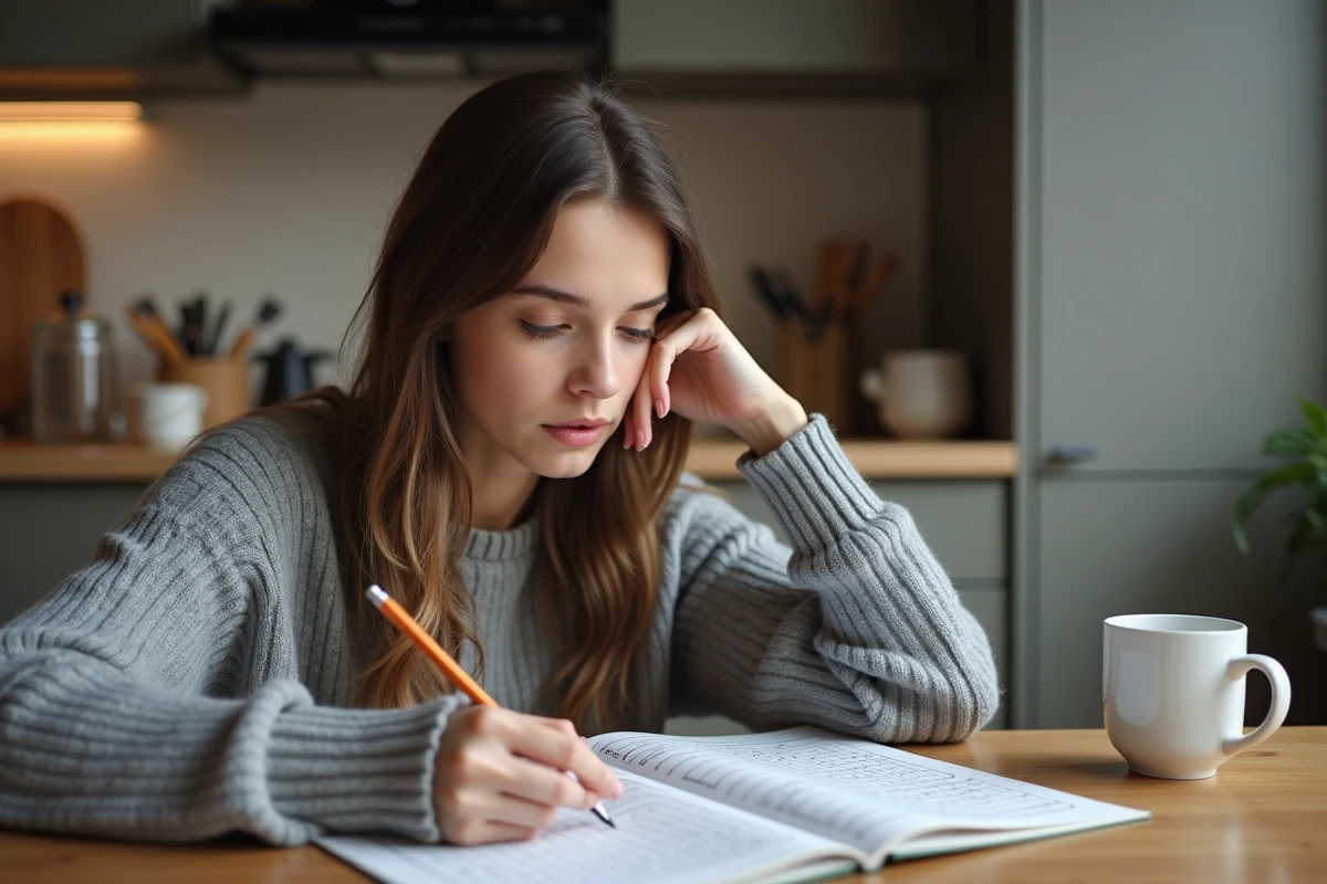 Jeune femme en sweater gris jouant au mots croises en cuisine