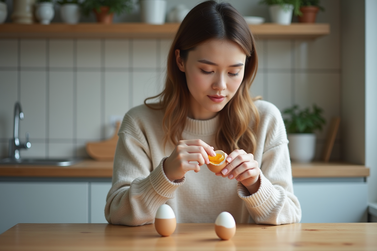 Jeune femme écalant un œuf dur dans la cuisine moderne