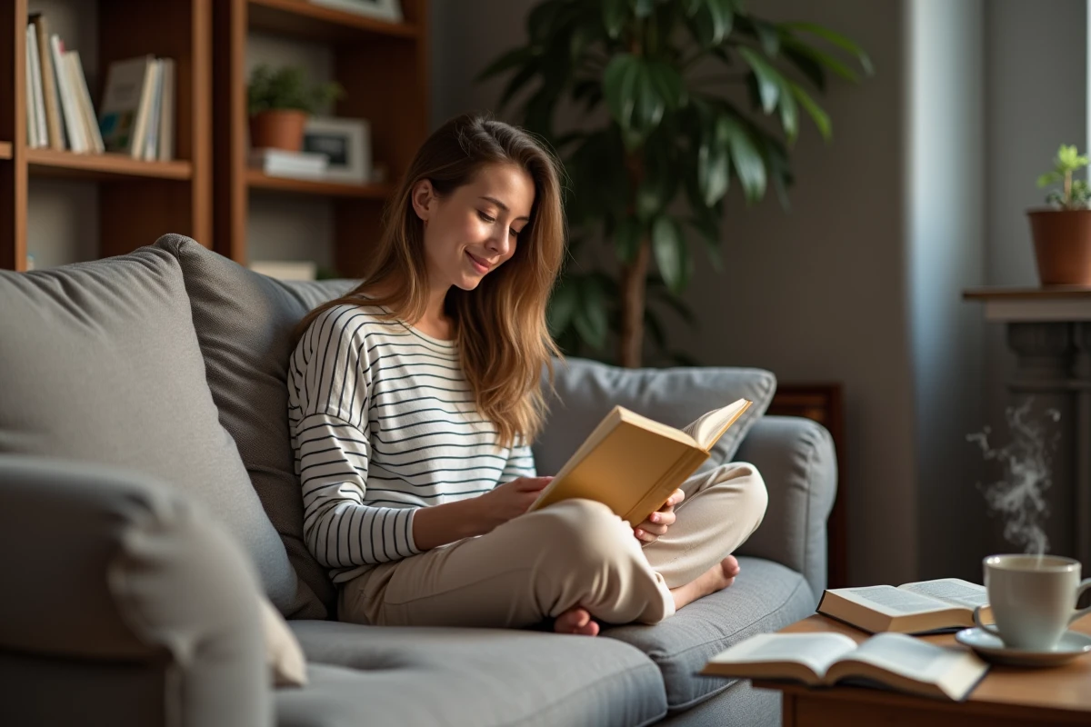 Jeune femme découvrant une faute de français courante en lisant un livre de grammaire sur son canapé