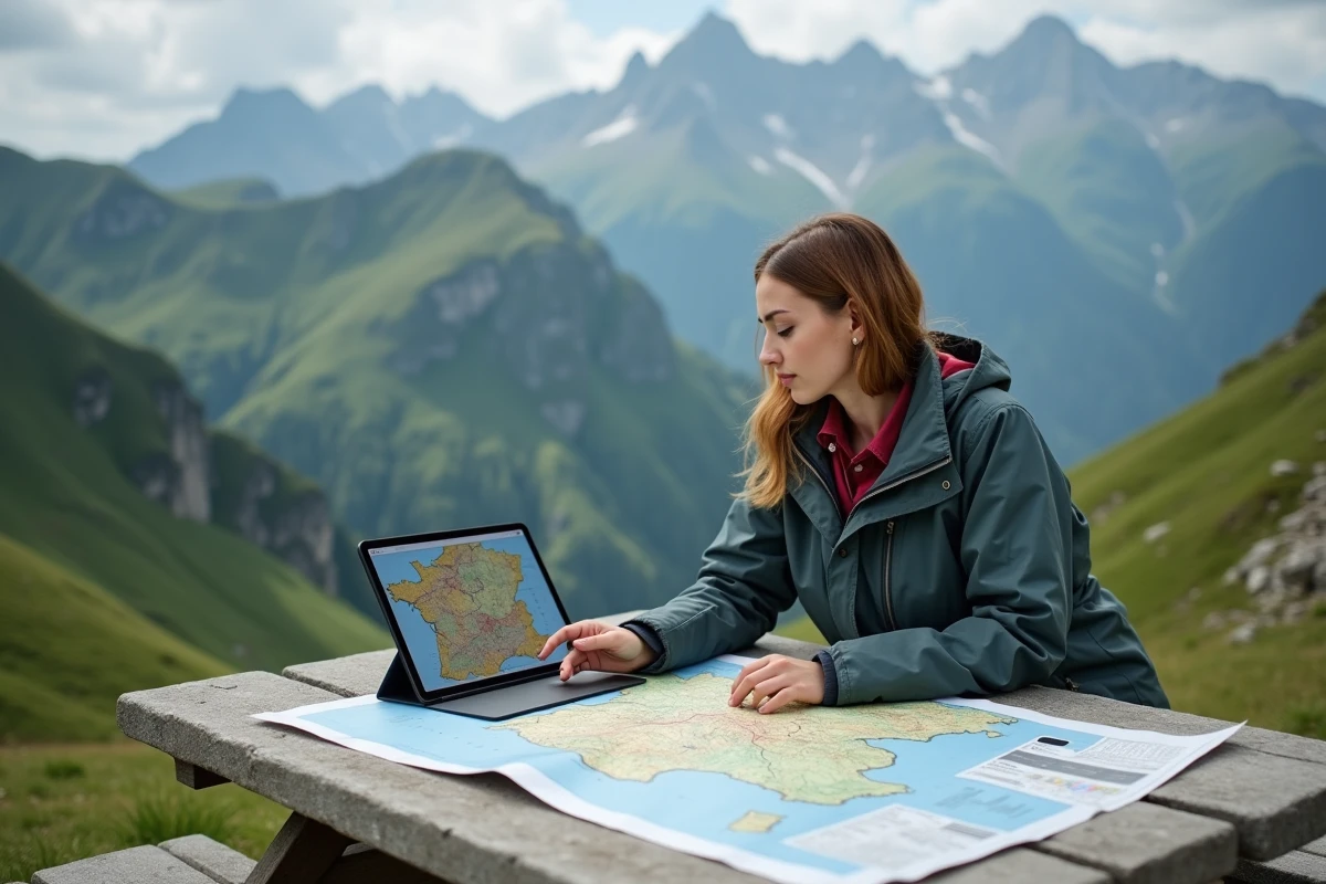 Jeune femme compare carte papier et numérique en plein air