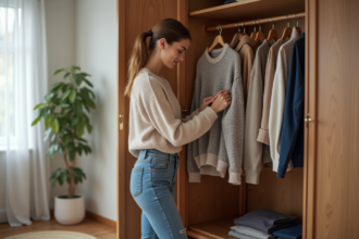 Jeune femme pliant un pull coloré dans une chambre moderne