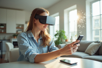 Jeune femme avec lunettes AR dans un salon lumineux