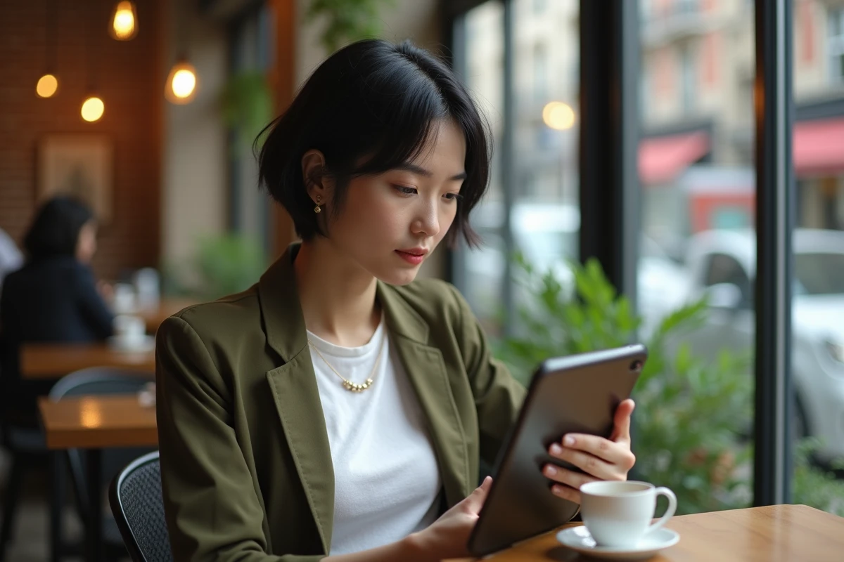 Jeune femme découvrant des romans de romance sur tablette dans un café, guide débutant 1001ebooks romance