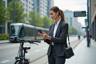 Jeune femme urbaine avec vélo électrique et smartphone
