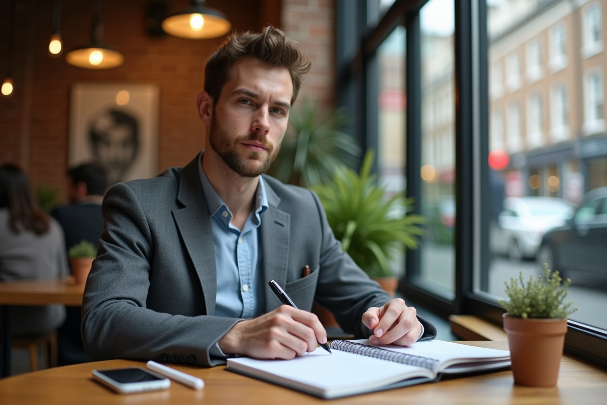 Jeune homme organisant son planner dans un café chaleureux