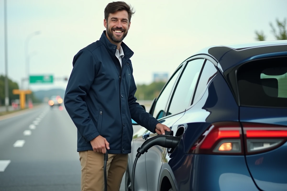 Jeune homme chargeant sa voiture hybride au repos
