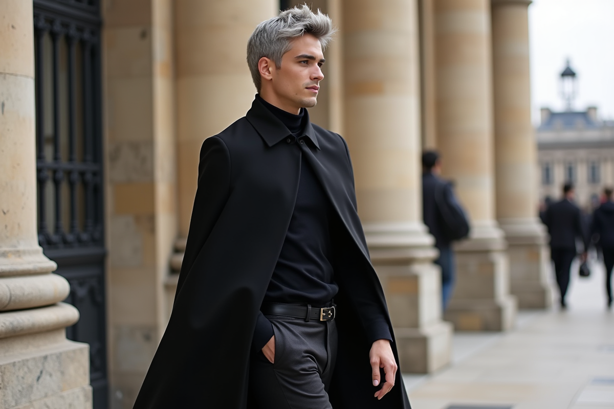 Jeune homme en cape devant le Grand Palais à Paris