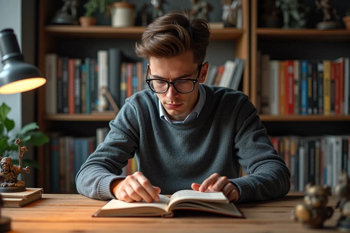 Jeune homme lisant un livre Warhammer dans un bureau cosy