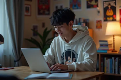 Jeune homme en hoodie manga assis à son bureau à la maison