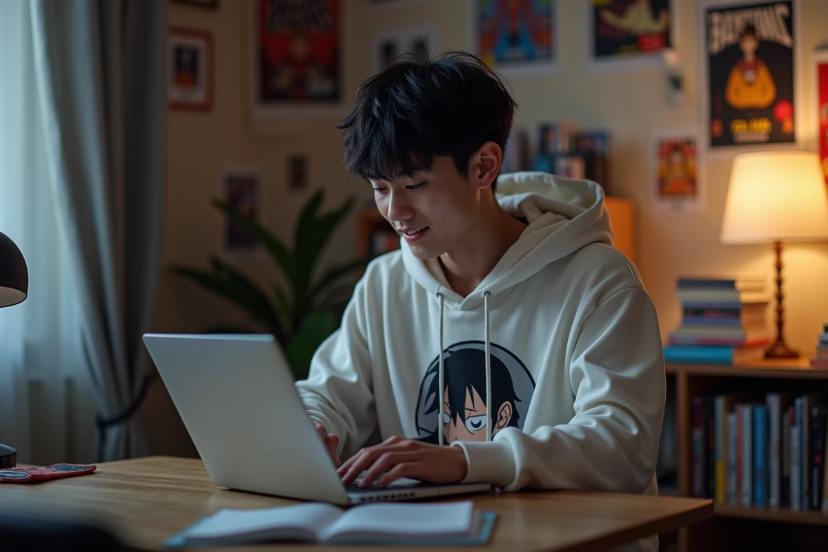 Jeune homme en hoodie manga assis à son bureau à la maison