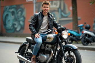 Jeune homme en moto Benda 125 Avengers en ville