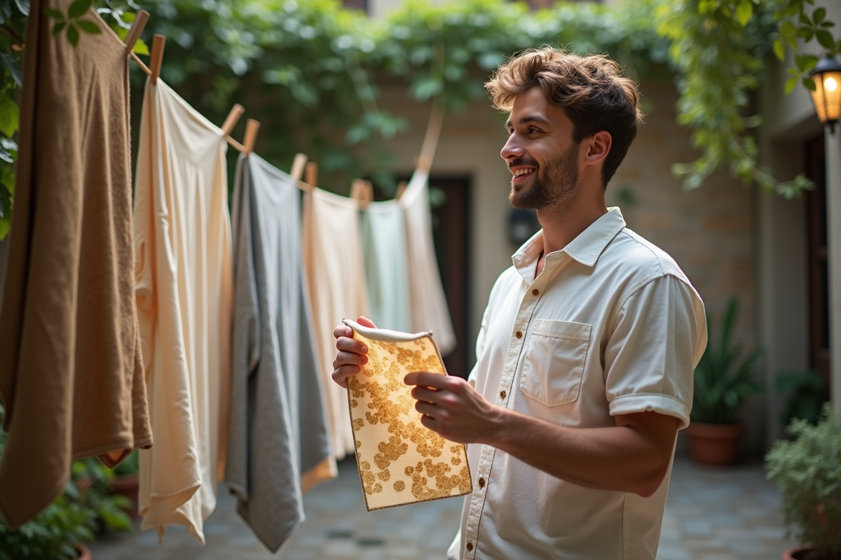 Jeune homme regardant des textiles suspendus en extérieur