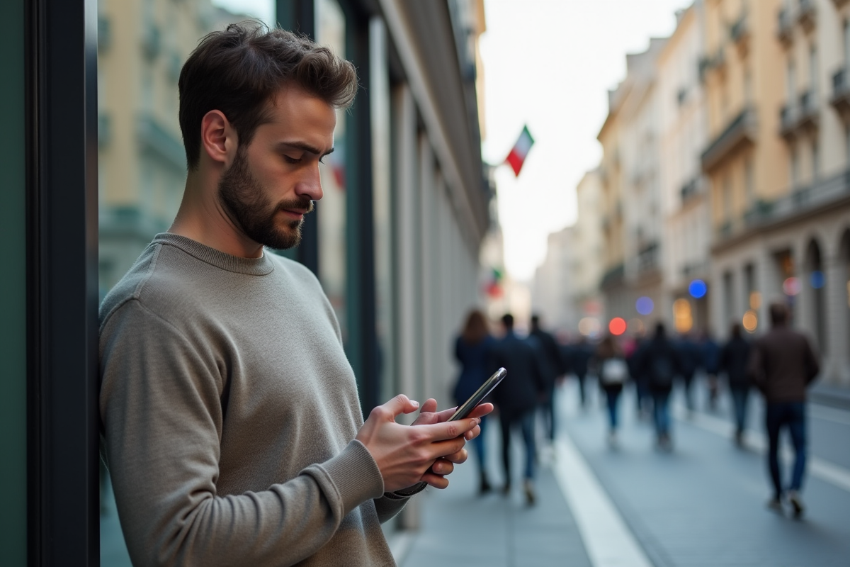 Jeune homme cherchant le code pays italien dans la rue urbaine