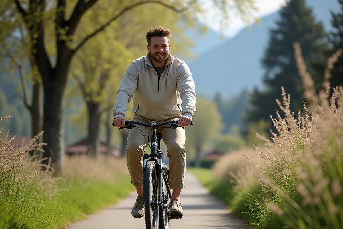 Jeune homme à vélo dans un chemin bordé d