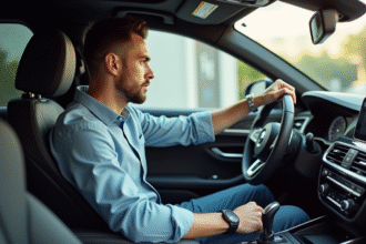 Jeune homme regardant le levier de vitesse automatique