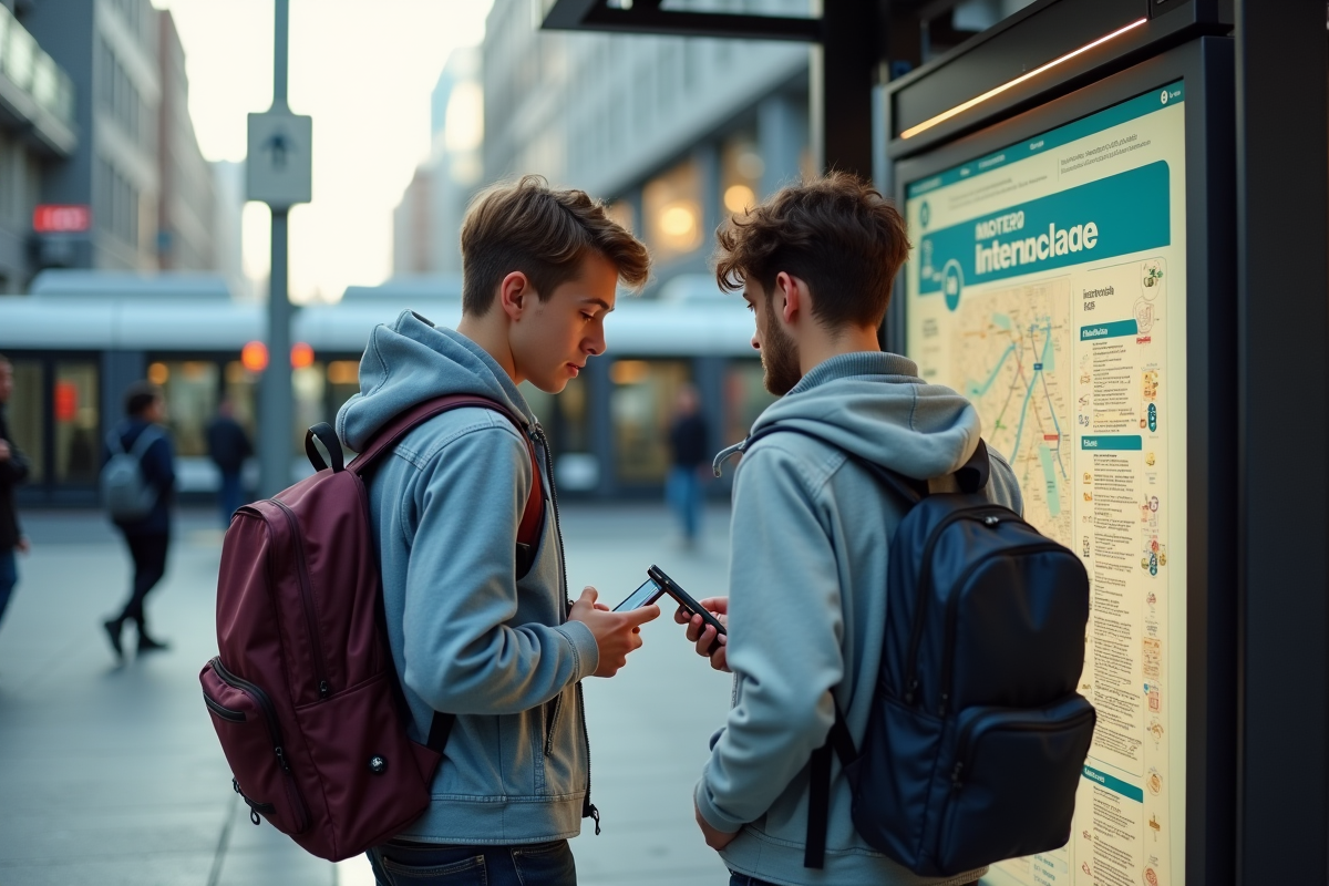 Deux jeunes hommes regardant une carte de métro moderne