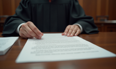 Zoom sur un juge tenant un document juridique avec surlignages