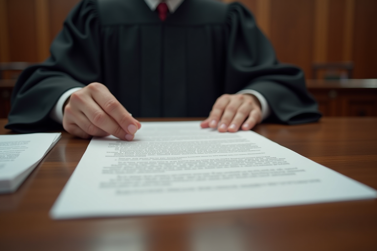 Zoom sur un juge tenant un document juridique avec surlignages