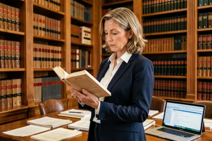 Juriste consultant un ouvrage de droit public dans une bibliothèque juridique universitaire