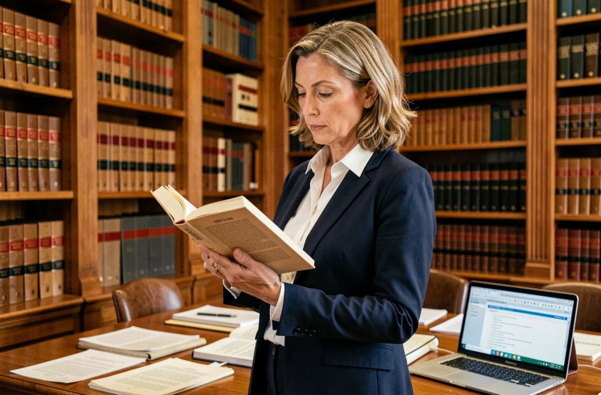 Juriste consultant un ouvrage de droit public dans une bibliothèque juridique universitaire
