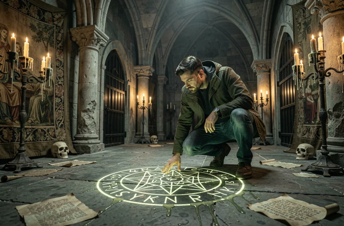 Joueur découvrant une inscription mystérieuse dans le décor gothique de La 13ème Porte escape game Nantes