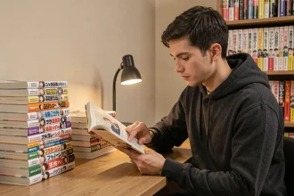 Jeune homme lisant un manga Black Clover en suivant l'ordre de lecture japonais de droite à gauche, assis à un bureau en bois avec des volumes empilés