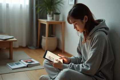 Jeune femme lisant des scans manga sur tablette dans un appartement cosy, avis utilisateur sur une plateforme de lecture en ligne