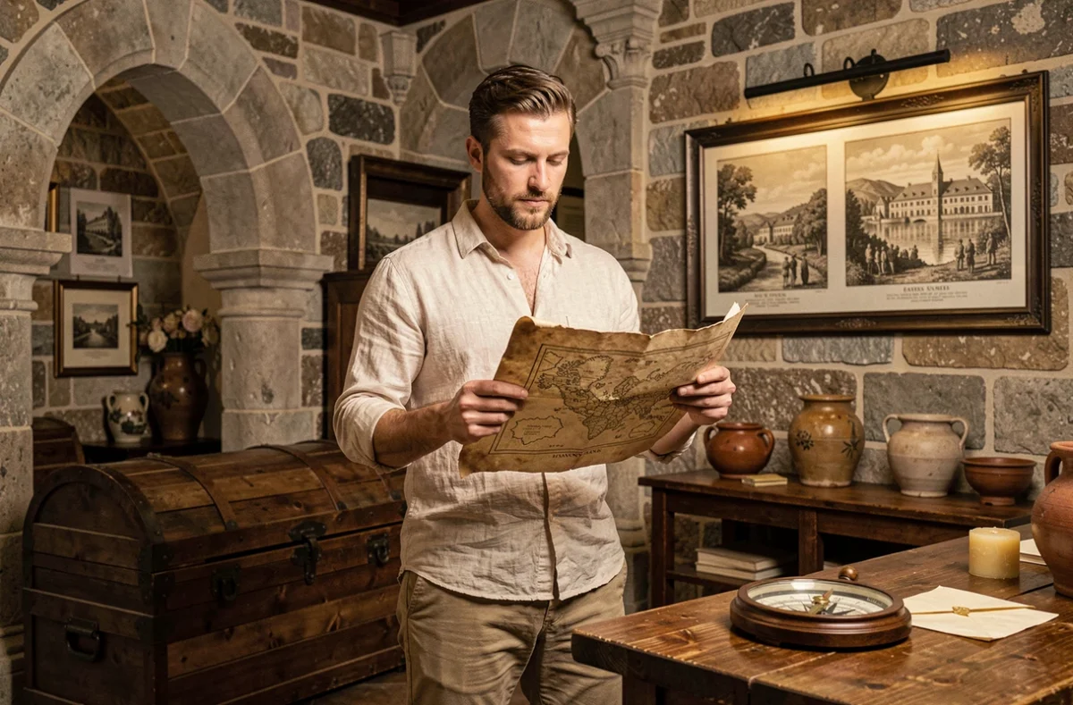 Joueur tenant une carte ancienne dans le décor historique de Les Secrets de Nantes escape game
