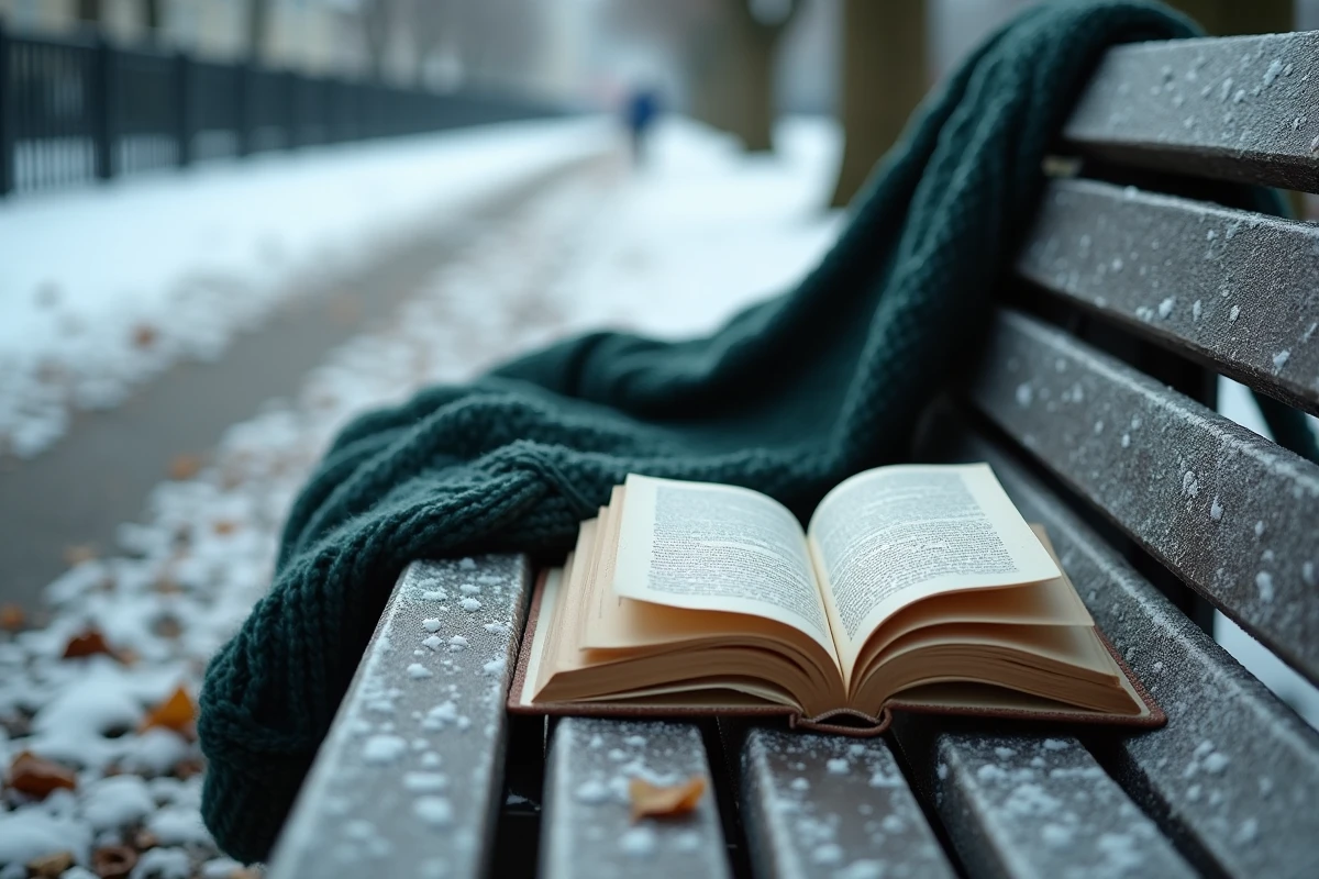 Livre de poésie ouvert sur un banc enneigé dans un parc hivernal avec une écharpe verte