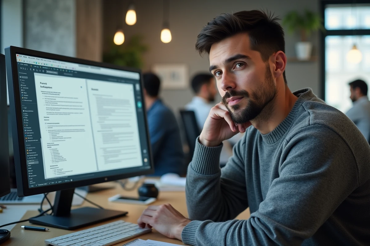 Développeur utilisant un logiciel de numérisation de documents avec interface affichant la législation française sur le droit d'auteur