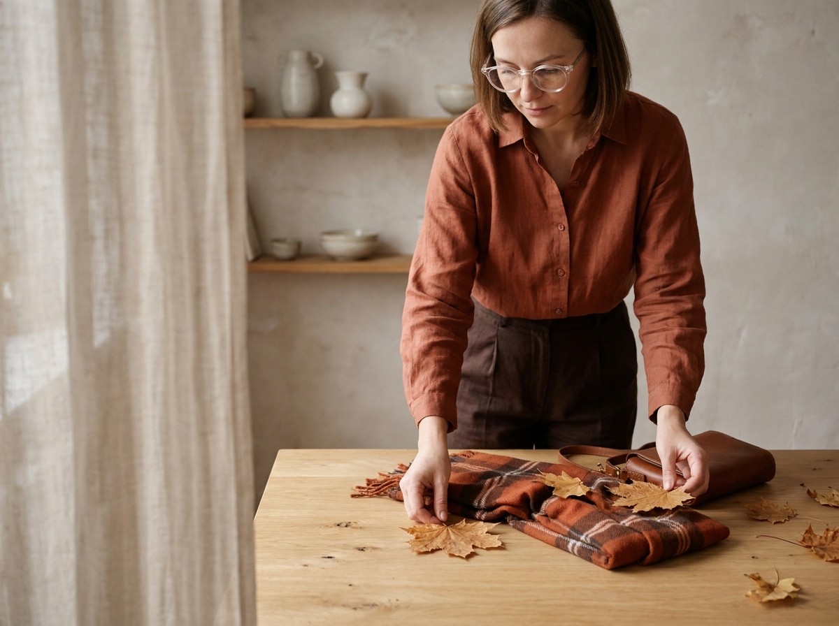 Femme portant des lunettes rondes transparentes dans un intérieur minimaliste avec des accessoires d'automne