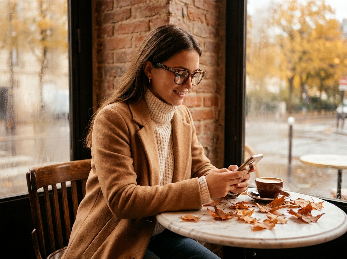 Jeune femme portant des lunettes oversize en acétate écaille de tortue dans un café parisien en automne